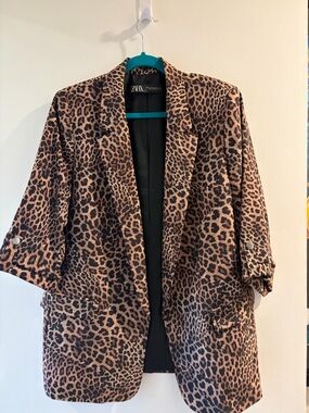 Zara Leopard Print Open Blazer Jacket - Brown & Black